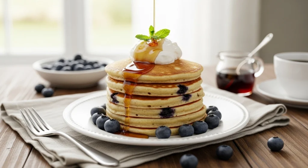 Stack of fluffy blueberry buttermilk pancakes with maple syrup and whipped cream on a white plate, fresh blueberries around, on a rustic wooden table with morning light.