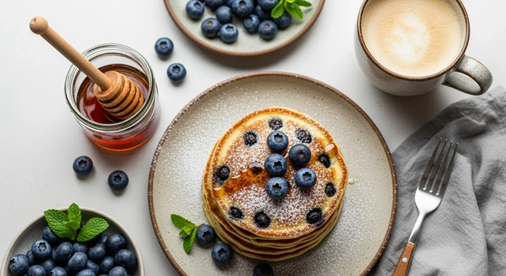 Top-down view of blueberry buttermilk pancakes on a ceramic plate with powdered sugar, fresh blueberries, mint leaves, maple syrup, and a latte, on a cozy breakfast table.