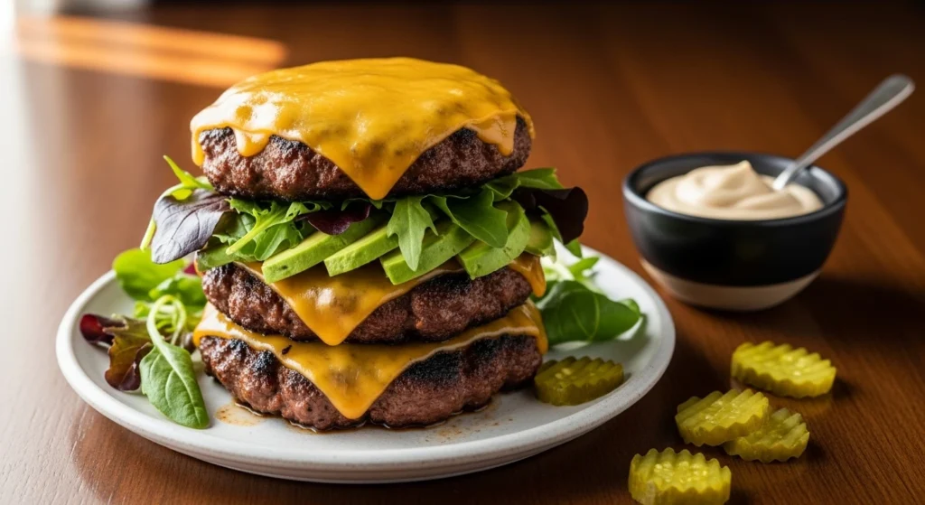 Stacked smoky chipotle burger patties topped with melted smoked Gouda, avocado slices, and fresh greens on a plate, with a bowl of chipotle mayo and scattered pickles on a wooden table.