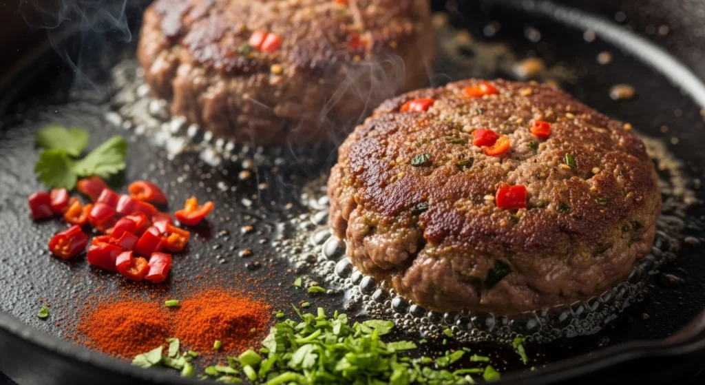 Close-up of smoky chipotle burger patties cooking in a cast-iron skillet, surrounded by minced chipotle peppers, smoked paprika, and fresh herbs, showing sizzling juices and spices.