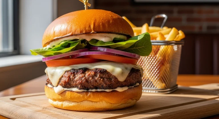 A juicy smoky chipotle burger on a toasted bun with melted pepper jack cheese, lettuce, tomato, red onion, and chipotle mayo, served on a wooden board with crispy fries on the side.