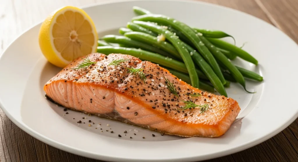 salmon fillet with green beans and lemon