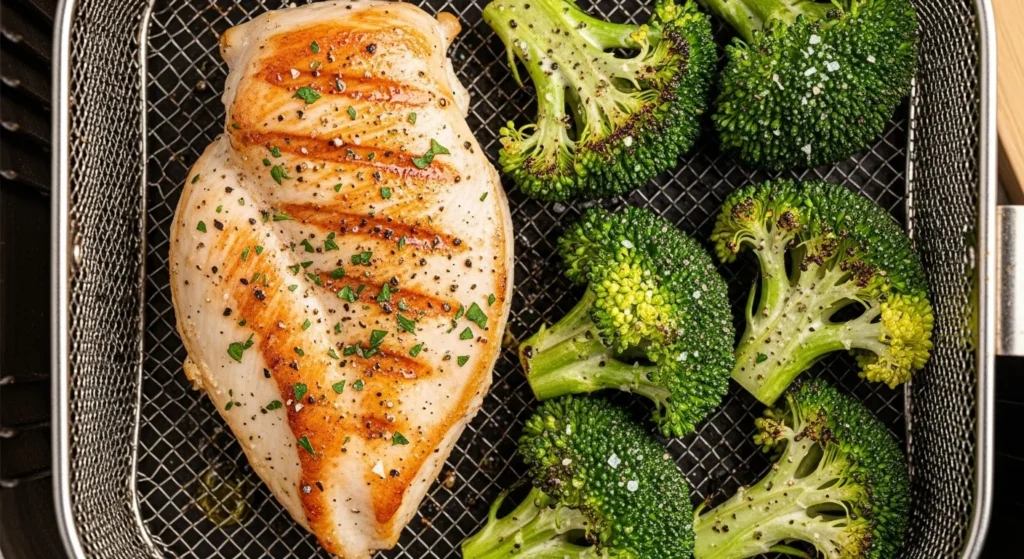 chicken and broccoli cooking in air fryer