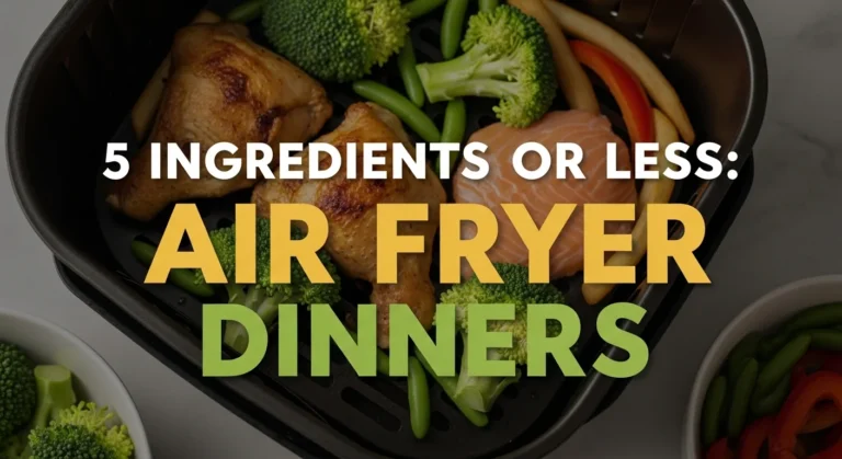 feature image with bold text “5 Ingredients or Less: Air Fryer Dinners” over photo of chicken, broccoli, and salmon in air fryer basket