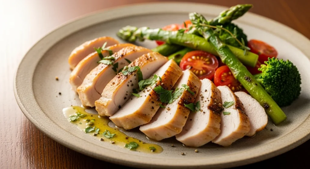 sliced air fryer chicken breast with vegetables