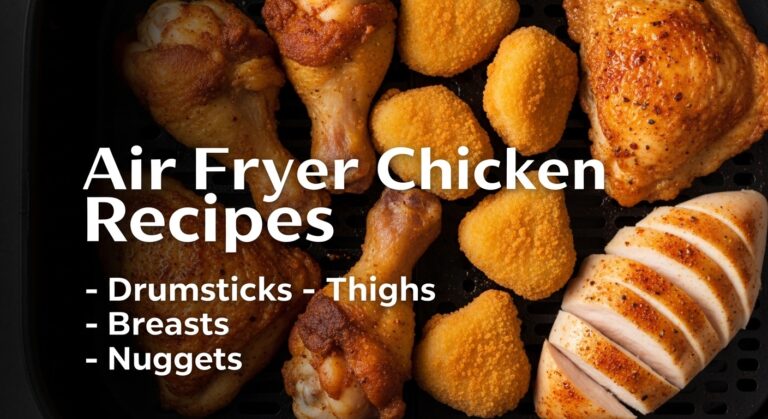 feature image with bold text “Air Fryer Chicken Recipes (Drumsticks, Breasts, Thighs, Nuggets)” over photo of assorted crispy chicken pieces in air fryer basket