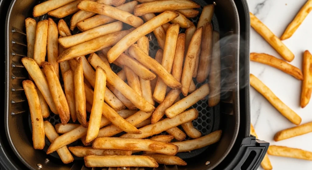 crispy french fries cooked in air fryer basket
