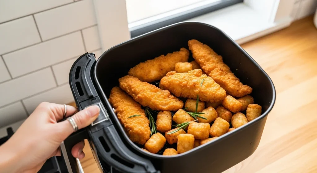 cooked chicken tenders and tater tots in air fryer