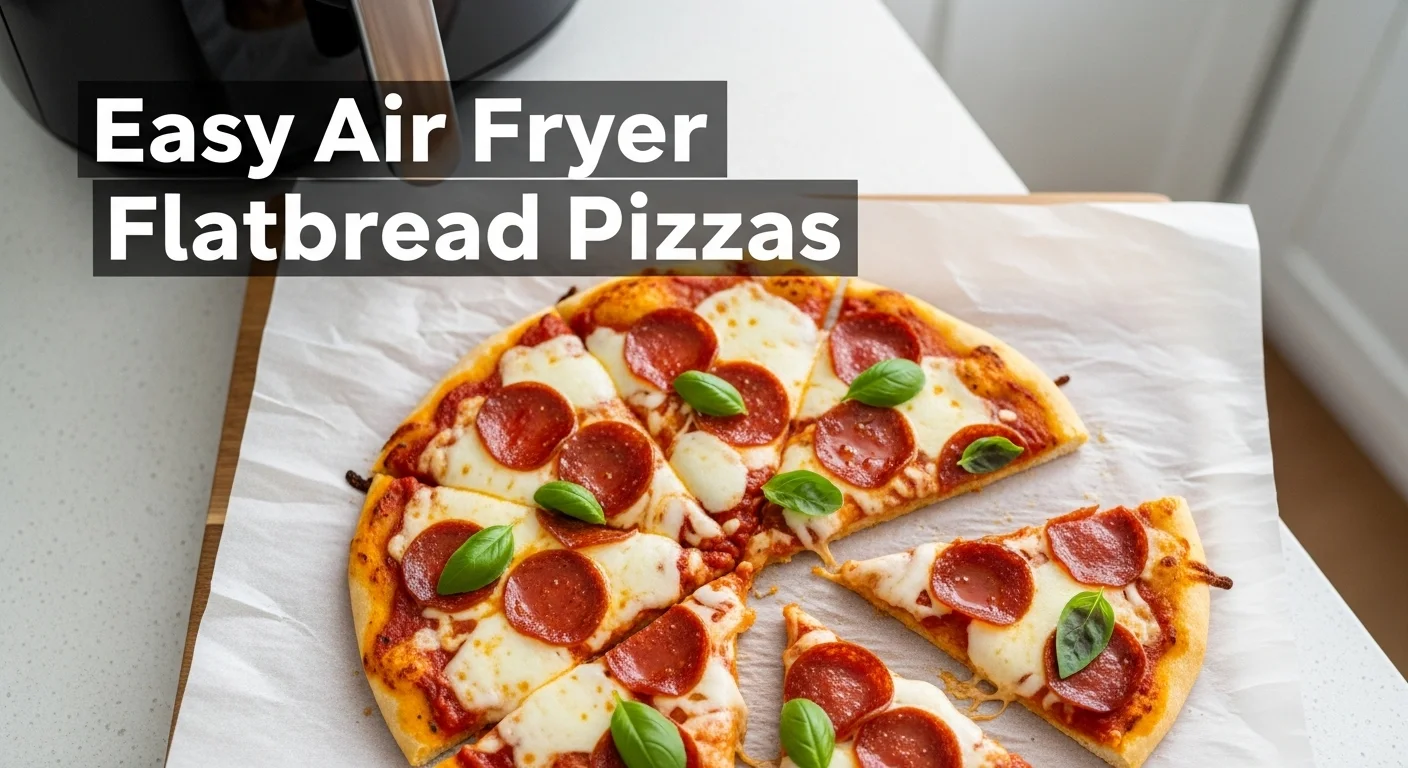 Sliced flatbread pizza with cheese and toppings, styled with text overlay reading Easy Air Fryer Flatbread Pizzas.