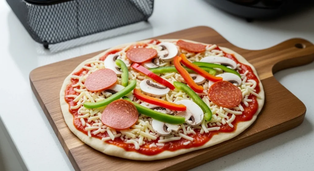 Flatbread pizza being prepared with sauce, cheese, and toppings before cooking in an air fryer.