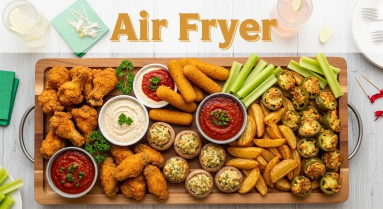Hero image of assorted air fryer appetizers on party platter with dipping sauces.