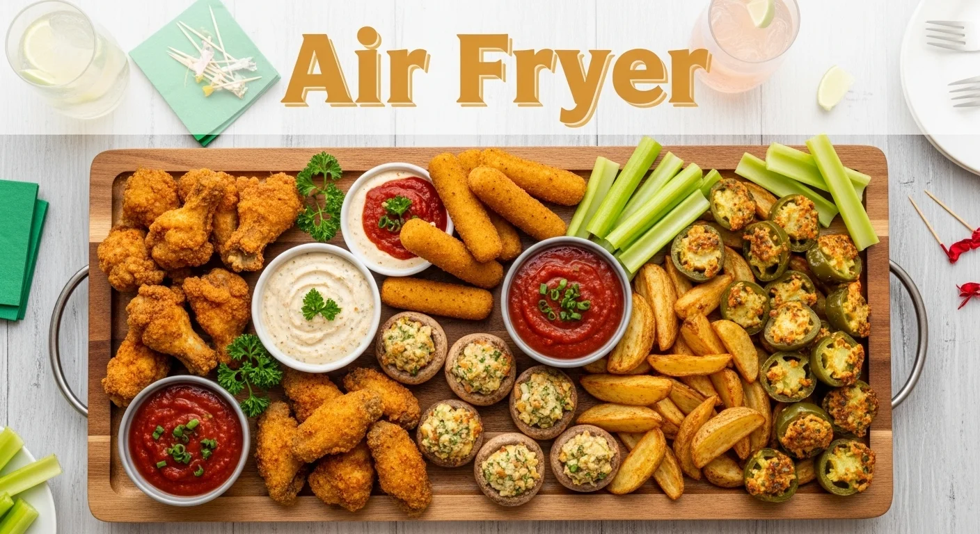 Hero image of assorted air fryer appetizers on party platter with dipping sauces.