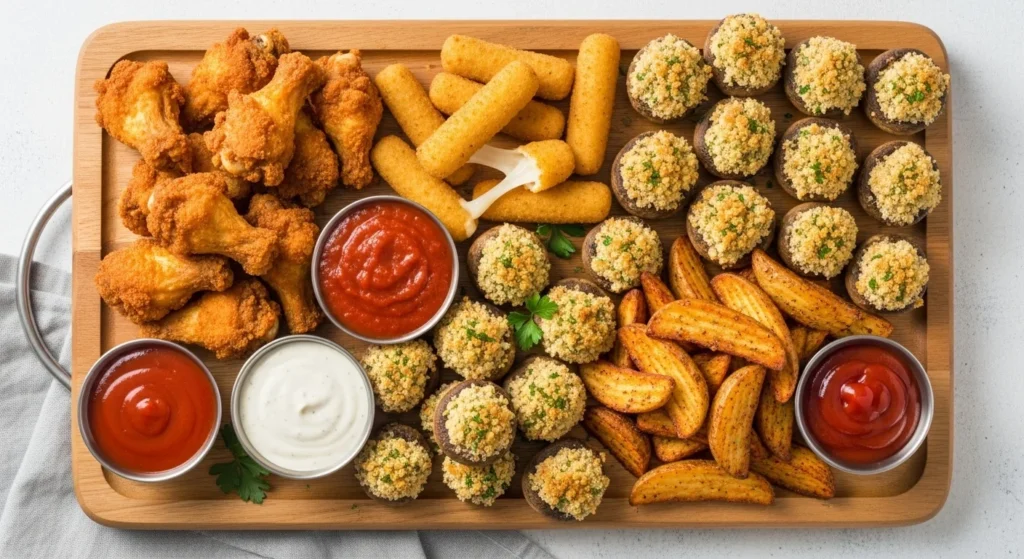 Air fryer party appetizers on serving board with sauces.