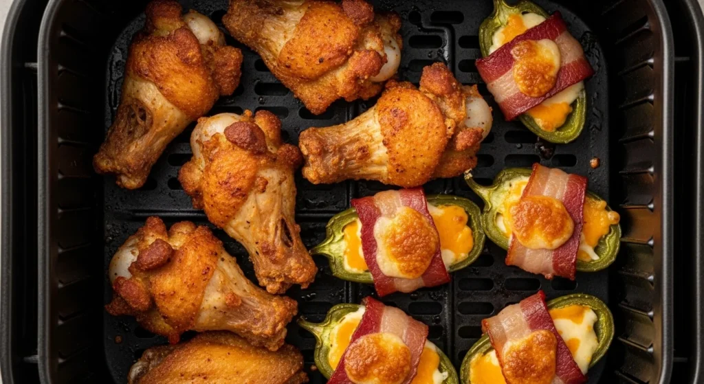 Chicken wings and jalapeño poppers in air fryer basket.