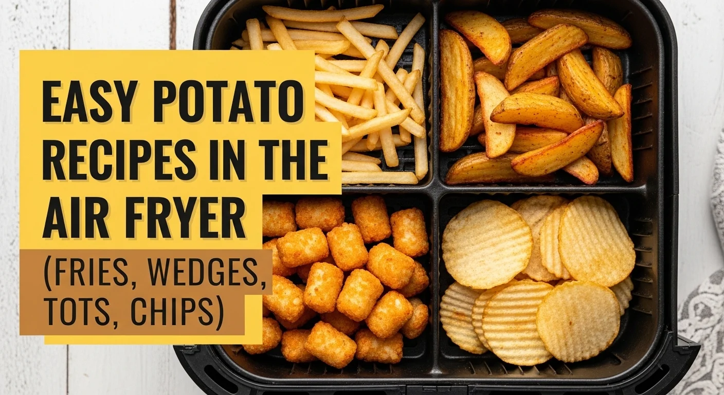 "Air fryer basket with crispy fries, wedges, tots, and chips with bold title text overlay."