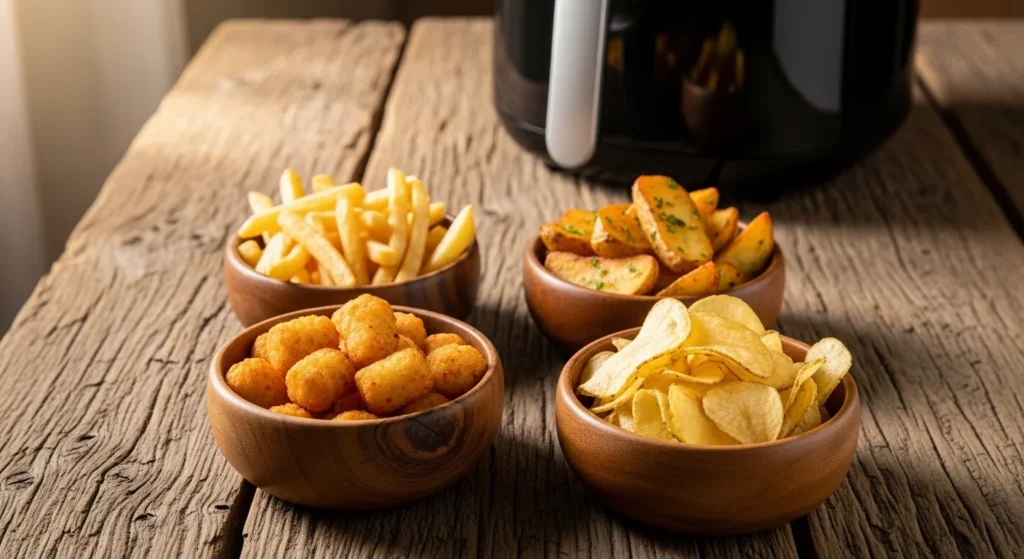 Bowls of fries, wedges, tots, and chips beside an air fryer."