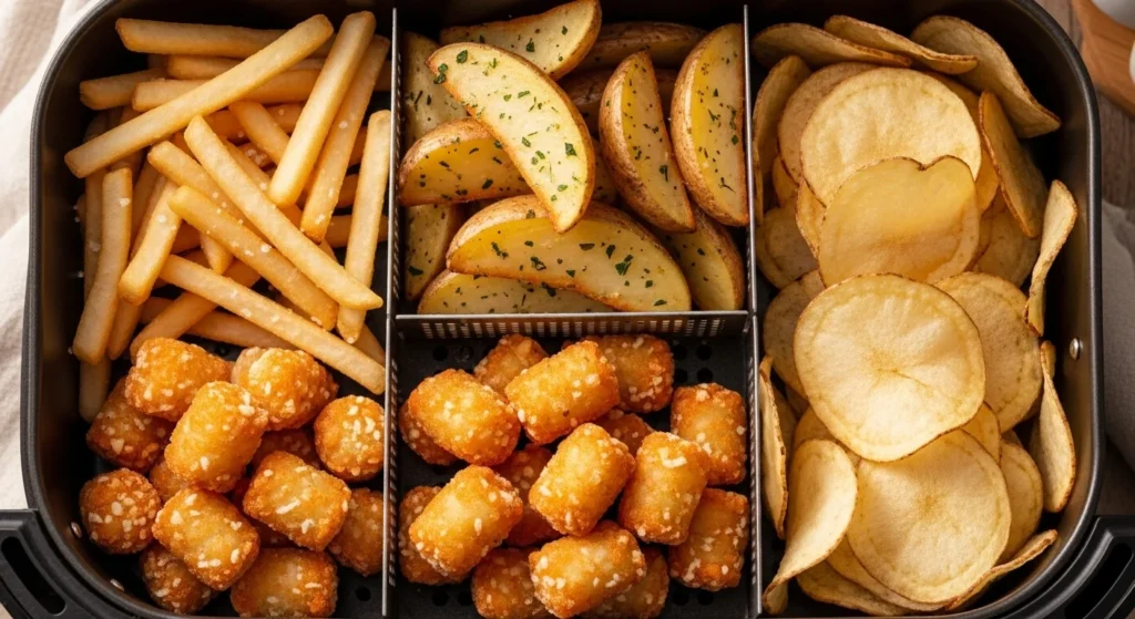 "Air fryer basket filled with crispy potato fries, wedges, tots, and chips."