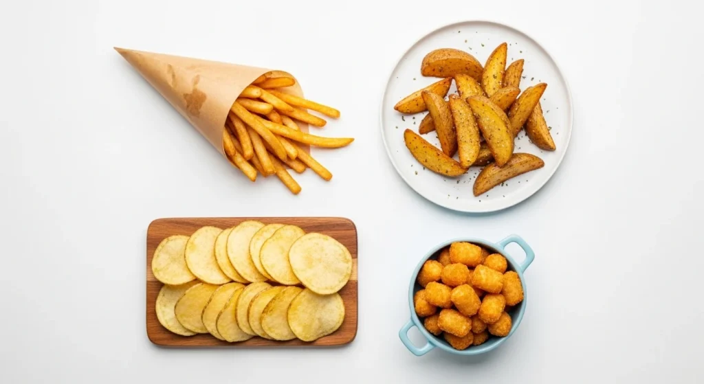 "Assorted air-fried potatoes served in bowls and plates."
