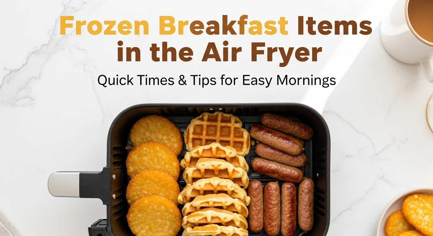 "Air fryer basket with crispy frozen waffles, hash browns, and sausage links for breakfast."