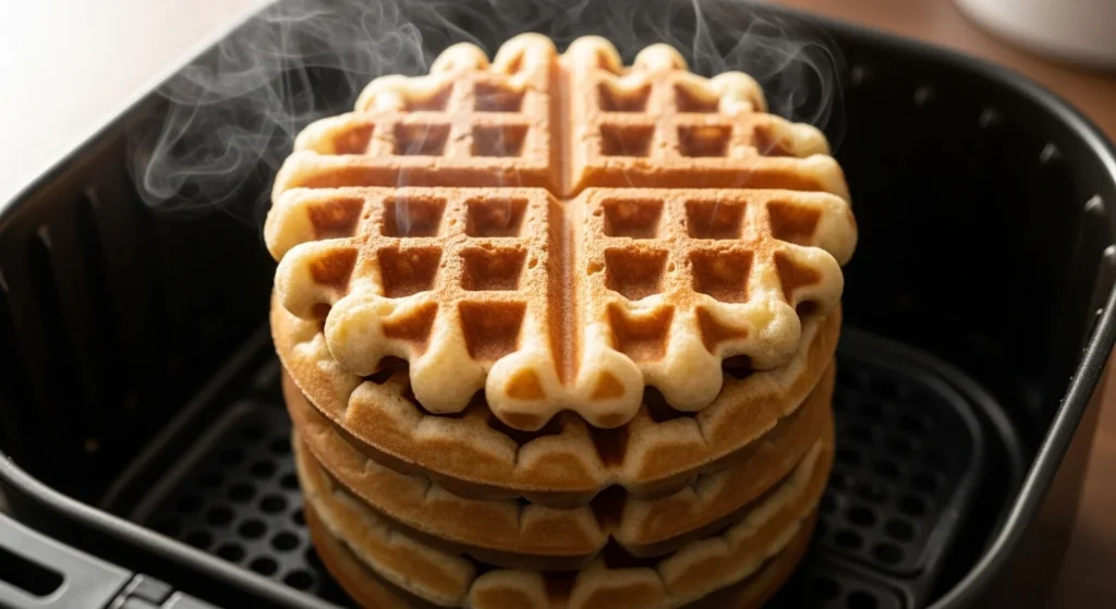 Stack of crispy waffles in an air fryer basket."