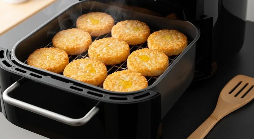 "Crispy hash browns cooking in an open air fryer."