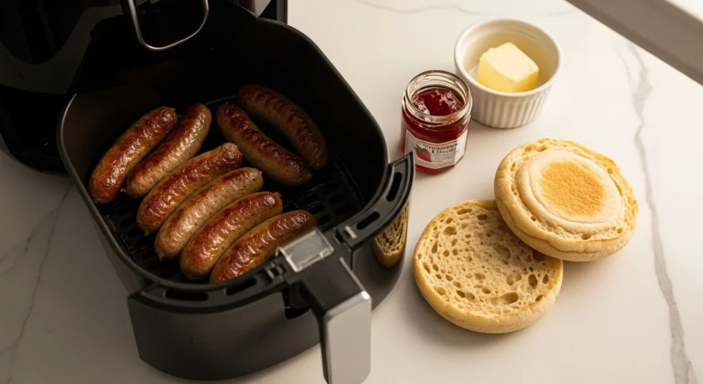 Air fryer with sausage links and toasted muffins for breakfast."