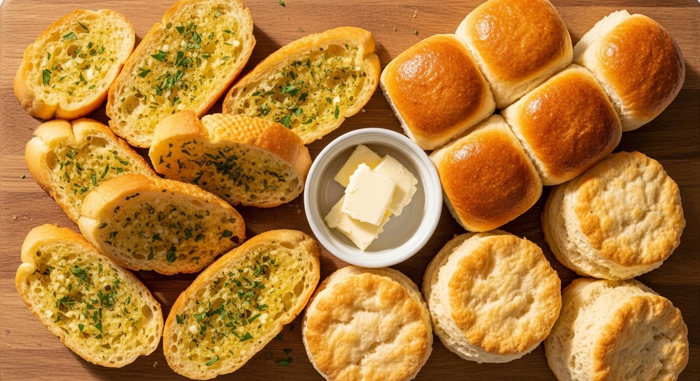 Garlic bread, dinner rolls, and biscuits made in air fryer on serving board.