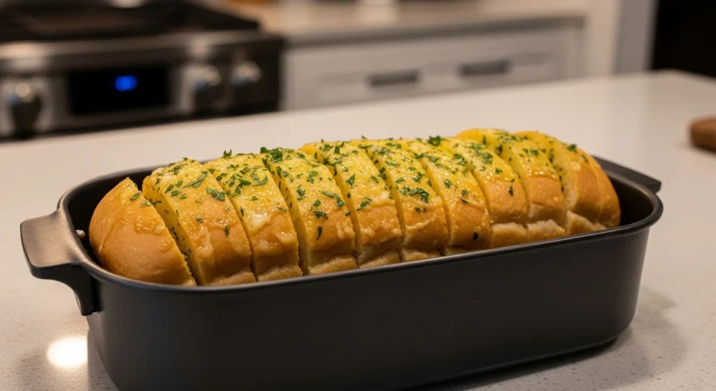 Garlic bread slices with melted butter in air fryer basket.