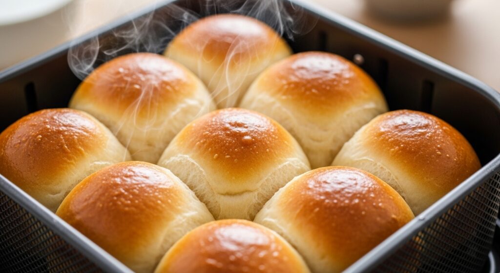 Golden brown dinner rolls in air fryer.
