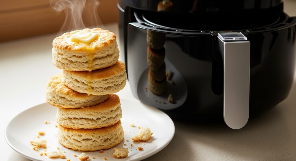 Fluffy air fryer biscuits on plate near air fryer.