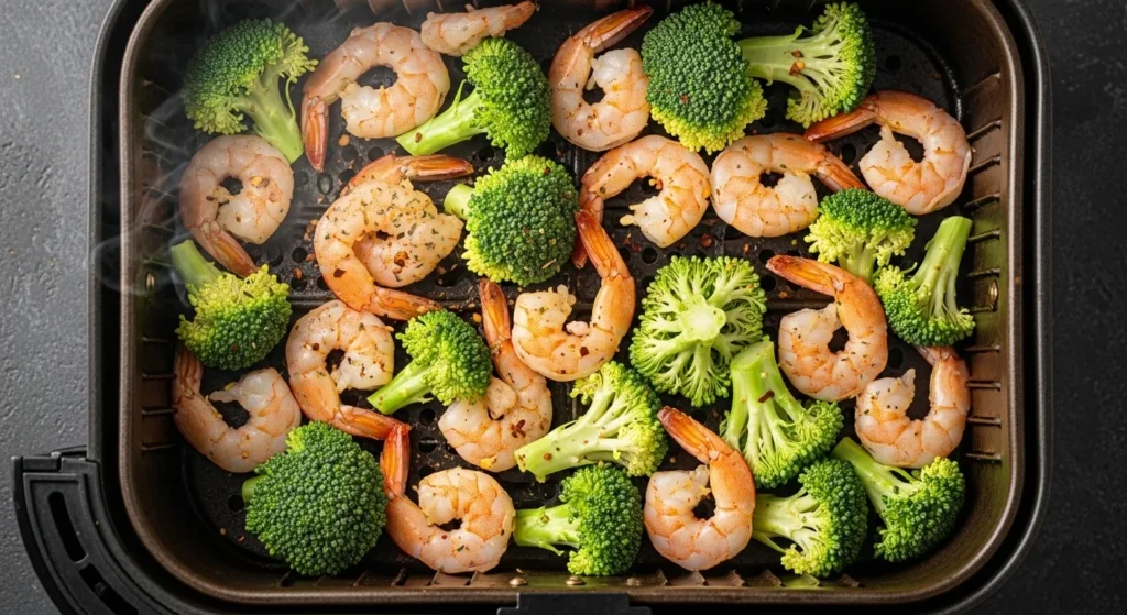 shrimp and broccoli cooking in air fryer basket