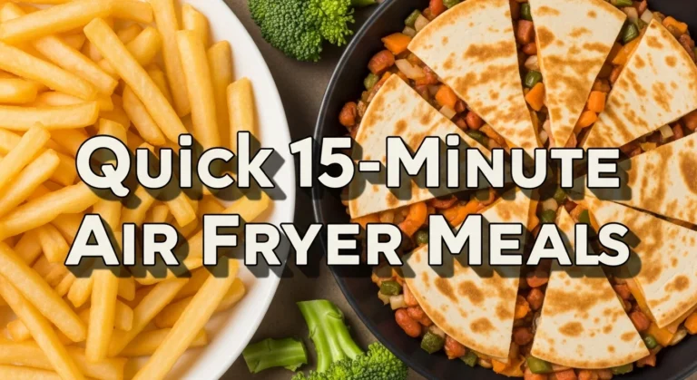 feature image with bold text “Quick 15-Minute Air Fryer Meals” over photo of shrimp, broccoli, and chicken in an air fryer basket