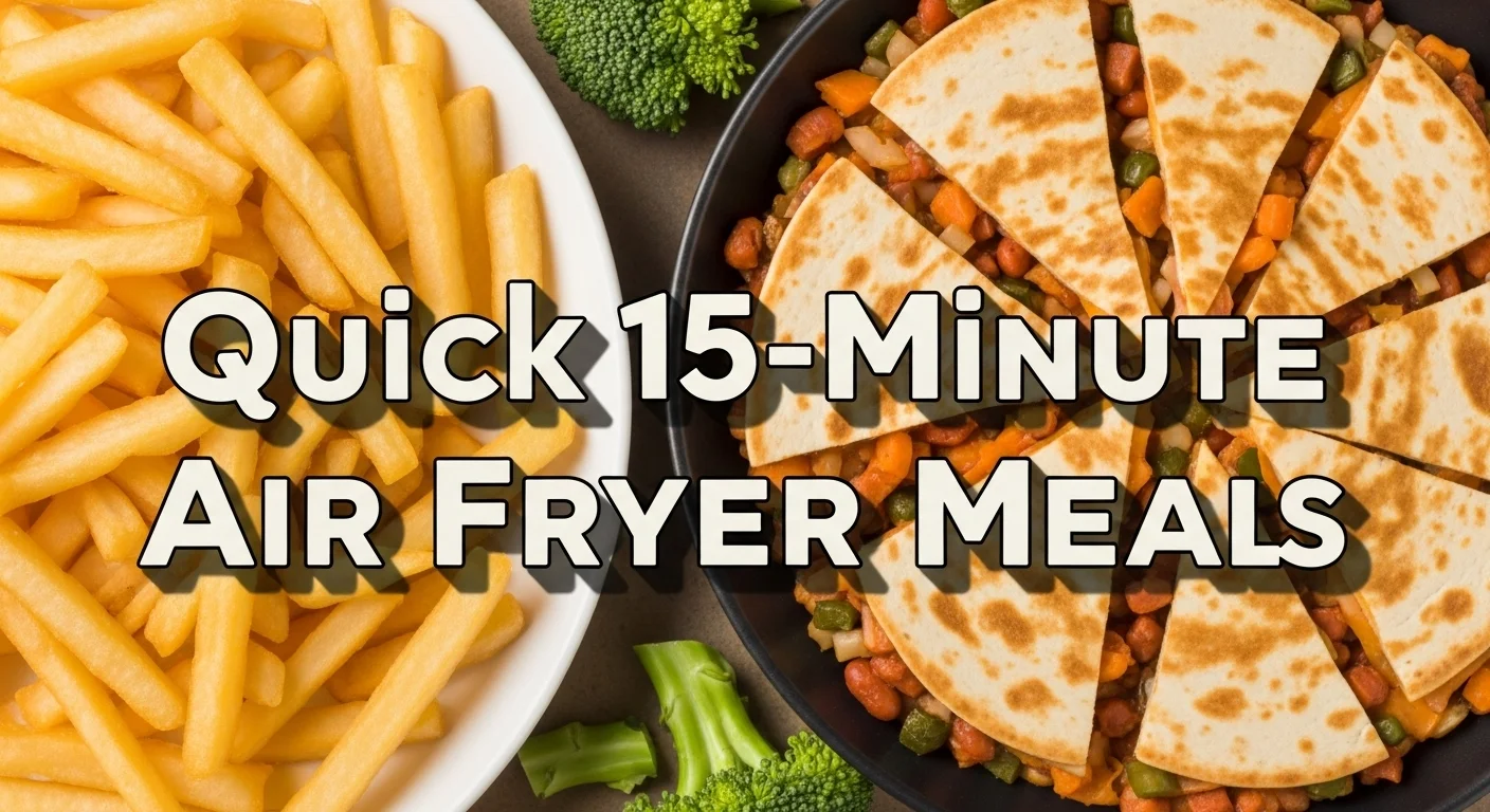feature image with bold text “Quick 15-Minute Air Fryer Meals” over photo of shrimp, broccoli, and chicken in an air fryer basket