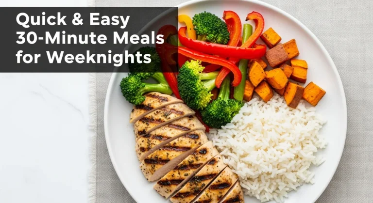 Dinner plate with grilled chicken, roasted vegetables, and rice, with bold text overlay.