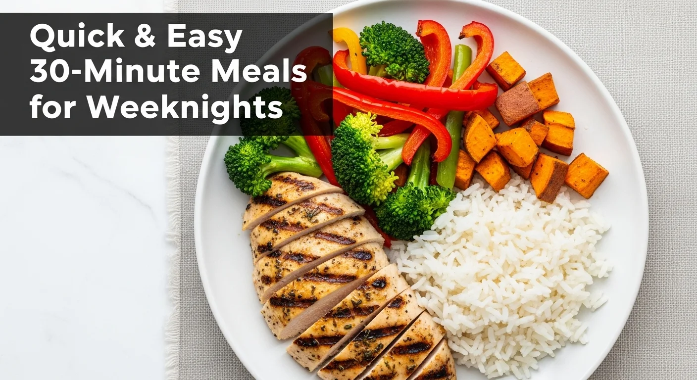 Dinner plate with grilled chicken, roasted vegetables, and rice, with bold text overlay.