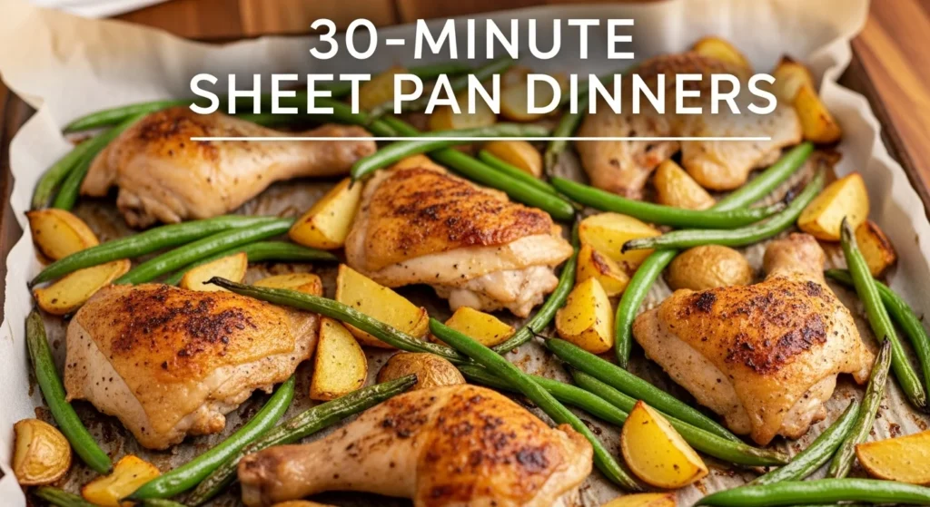 Roasted chicken, potatoes, and green beans on a sheet pan.