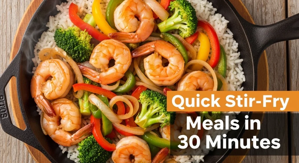 Skillet shrimp stir-fry with peppers and rice.