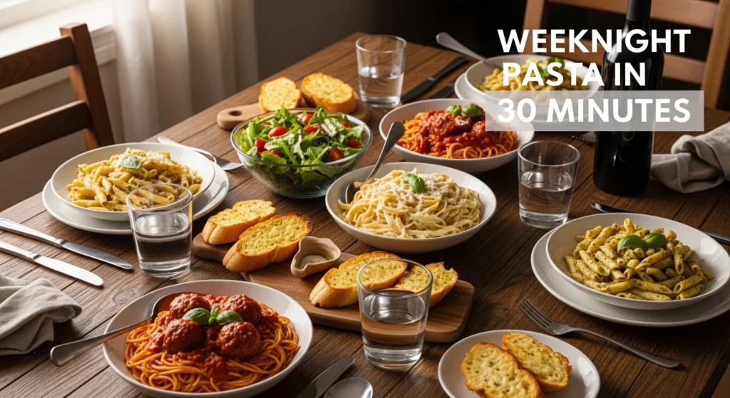 Pasta, garlic bread, and salad on a family dinner table.