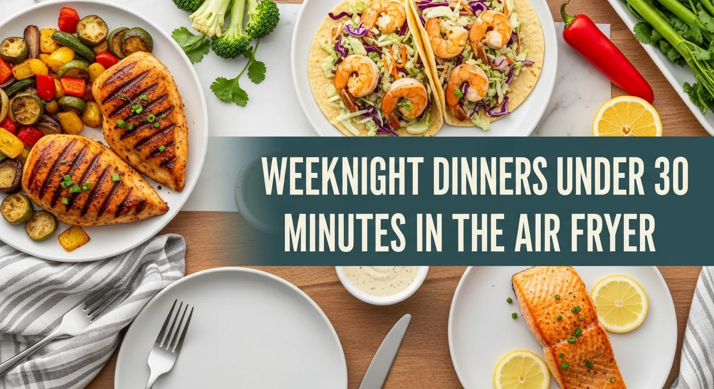 Quick weeknight air fryer dinners under 30 minutes on table.