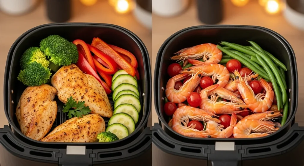 Chicken, shrimp, and vegetables cooking in air fryer baskets.