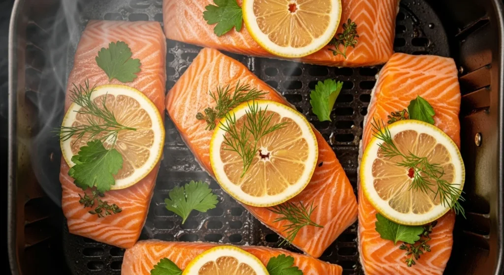 Salmon fillets with lemon in air fryer basket.