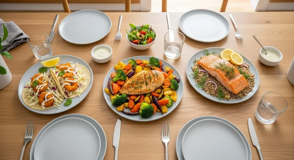 Air fryer weeknight dinners under 30 minutes on table.