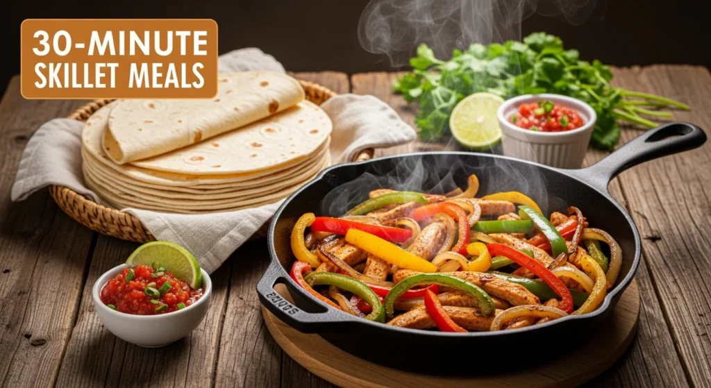 Skillet chicken fajitas with peppers and tortillas on a rustic table.
