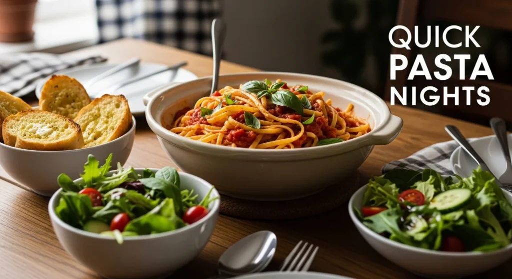 Pasta, garlic bread, and salad served family-style on a table.