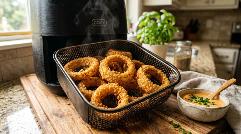 Golden crispy frozen onion rings cooking inside an air fryer basket.