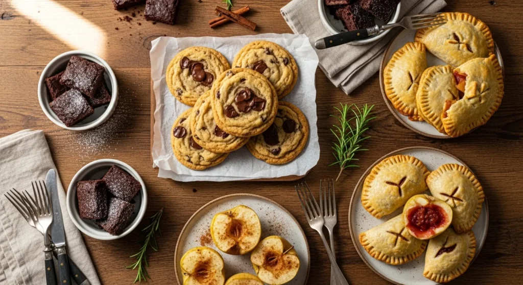 Flat lay of cookies, brownies, hand pies, and baked apples arranged on a wooden table in natural light.