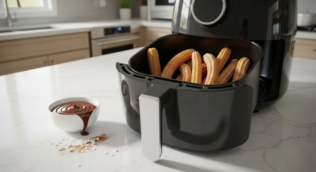 Air fryer basket with churros coated in cinnamon sugar, served with chocolate sauce on a kitchen counter.