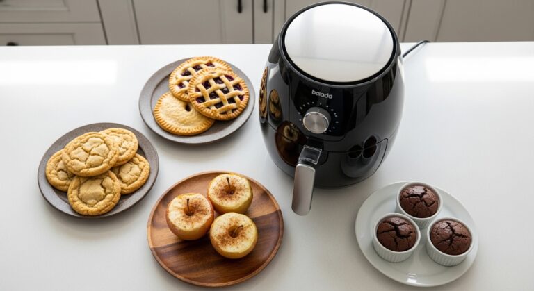 Air fryer on a counter with cookies, brownies, hand pies, and baked apples arranged on plates in natural light.