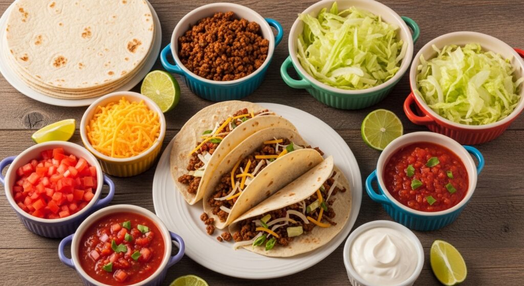 Flatbread pizzas with assorted toppings and bowls of ingredients.