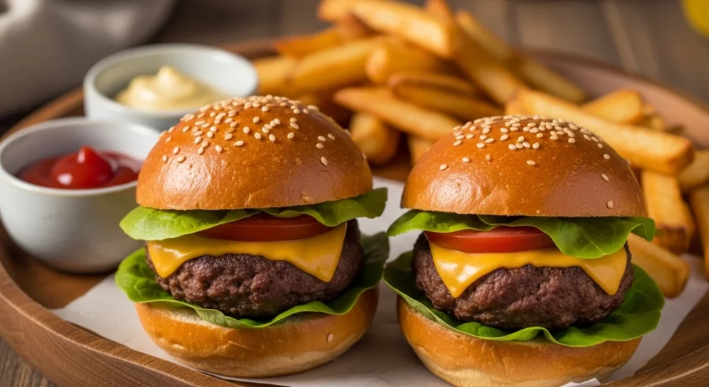 Mini beef sliders with cheese, lettuce, tomato, and fries on a tray.